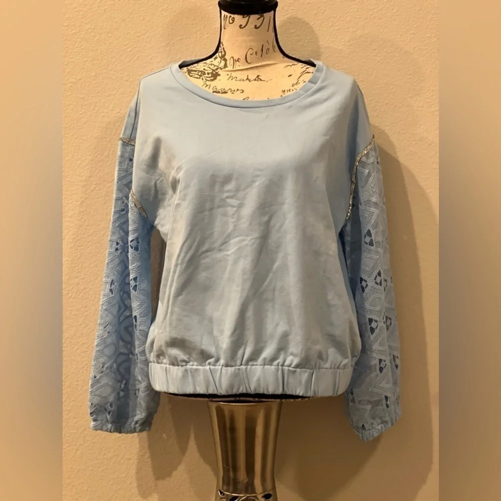 BOSTON PROPER Embellished Lace Sleeve Sweatshirt MEDIUM - Picture 6 of 9